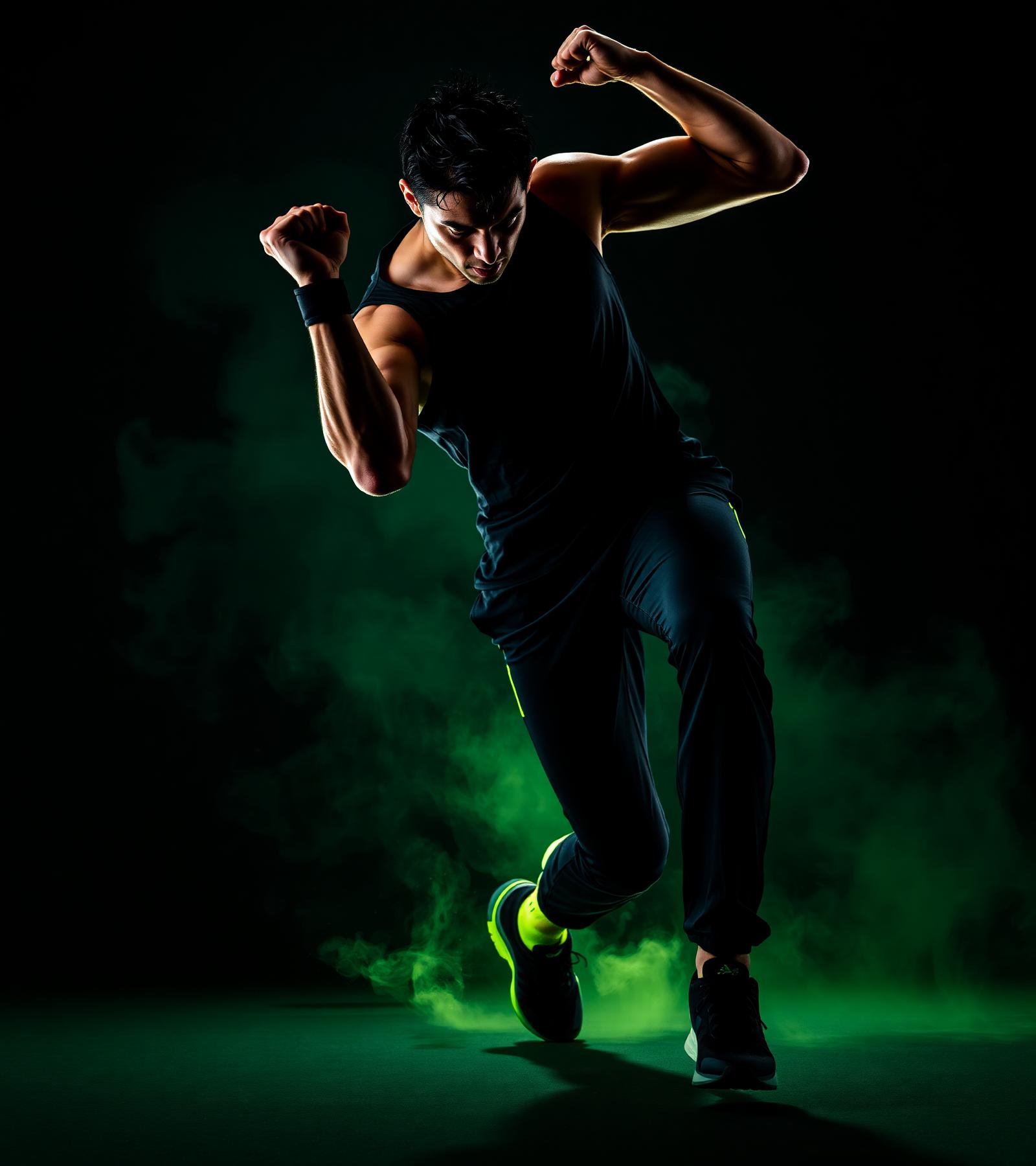 Atomiq athlete mid-motion in performance gear